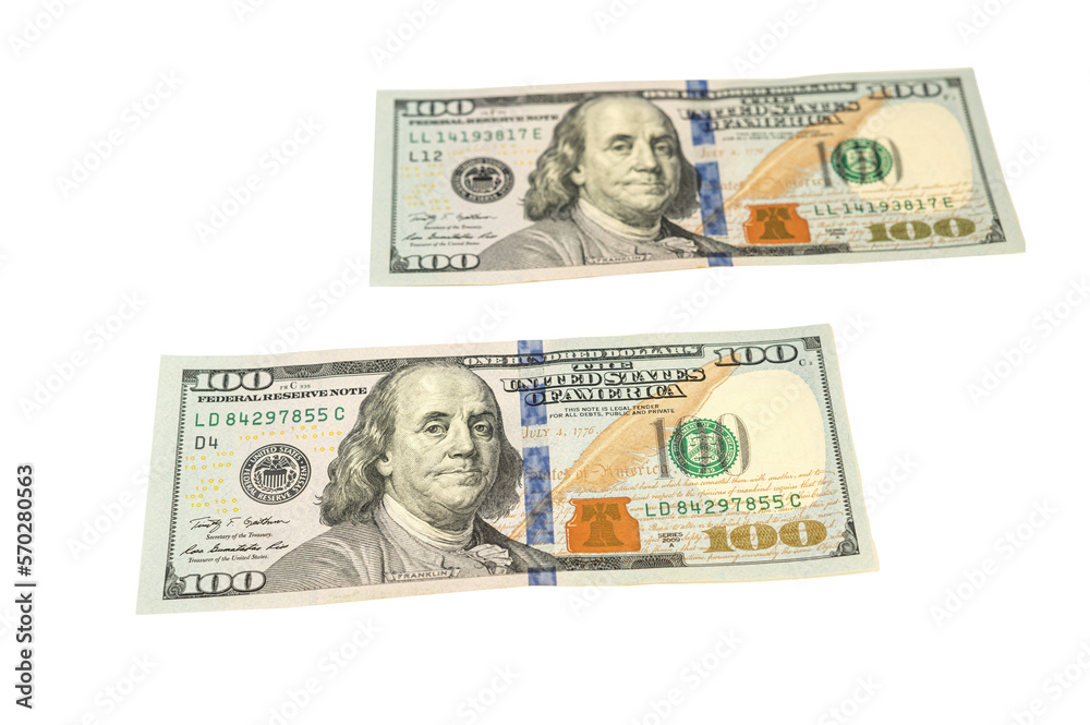 two hundred dollar bills isolated on white background two hundred dollar bills isolated on white background