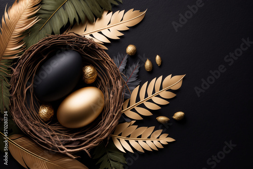 Elegant stylish Easter background. Nest with gold and black decor. Template for Design. Mock Up. AI generated.