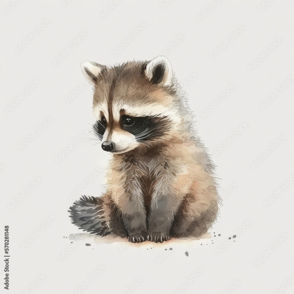 Fototapeta premium stylized raccoon children's drawing on paper painted in watercolor on a light background Generative AI