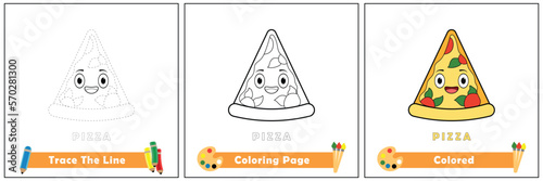 trace and color for kids, coloring book for kids, pizza kawaii vector. photo