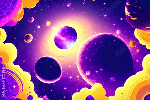Space galaxy background with saturn planet and asteroids, cartoon universe texture. Vector starry futuristic surface with purple nebula, cosmos dust scenery. Deep purple sky with stars - generative ai