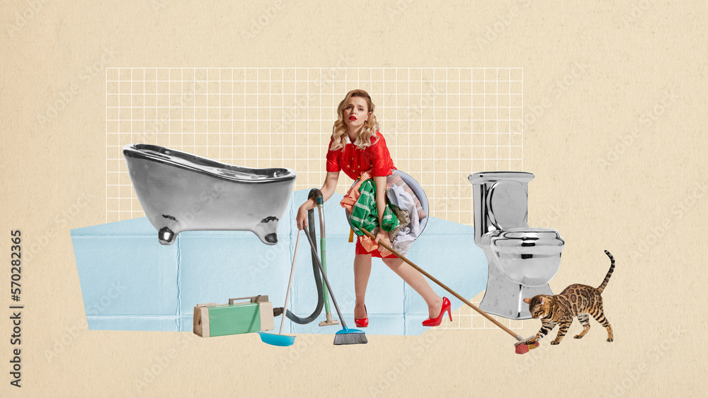 Contemporary art collage. Creative design. Beautiful stylish young girl doing domestic duties, cleaning house, doing laundry. Concept of retro style, vintage, creativity, surrealism - obrazy, fototapety, plakaty 