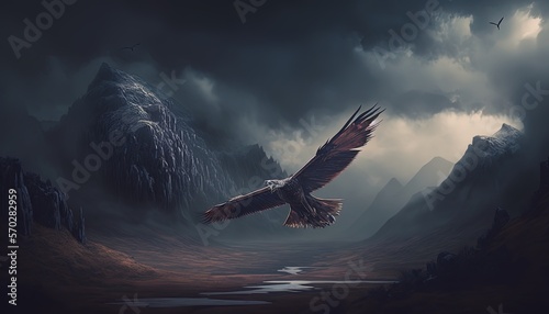 eagle bird fly high on sky with mountain as background, Generative Ai