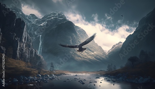 eagle bird fly high on sky with mountain as background, Generative Ai