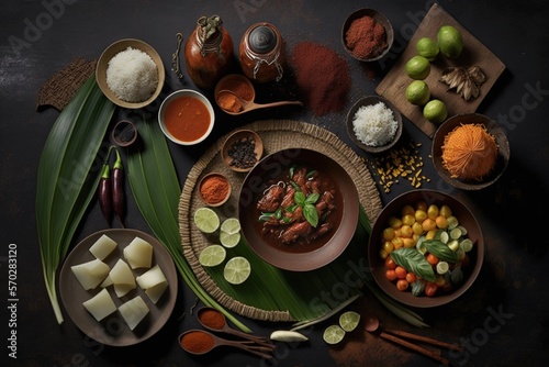 flat lay of malay traditional food. Generative AI