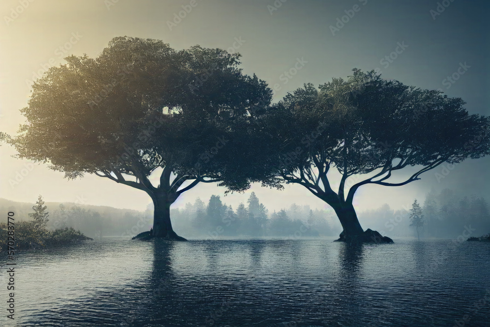 The reflection of Life with trees and sunset The reflection of Life with trees and sunset