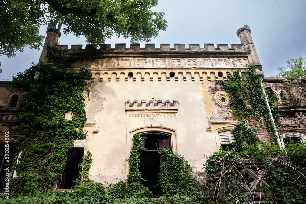 Dvorac Lazarevic castle in the afternoon. Also called dva dvorca porodice lazarevic, it's a 19th century mansion, abandoned since the 20th century, a symbol of the Serbian heritage in banat region..