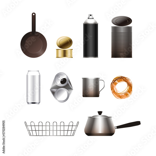 Common house metal waste items. Tin can, old kitchen ware,  used spray paint bottle, copper wire. Vector illustration, realistic style
