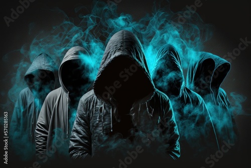 army of hackers. dangerous group of hackers in hoods. Internet, virus, cybercrime, cyberattack, and system exploitation. Dark skin. Anonymous. A dark background is covered in abstract smoke