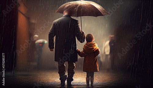 a man holding a umbrella with him child from back, rain, wet, photography