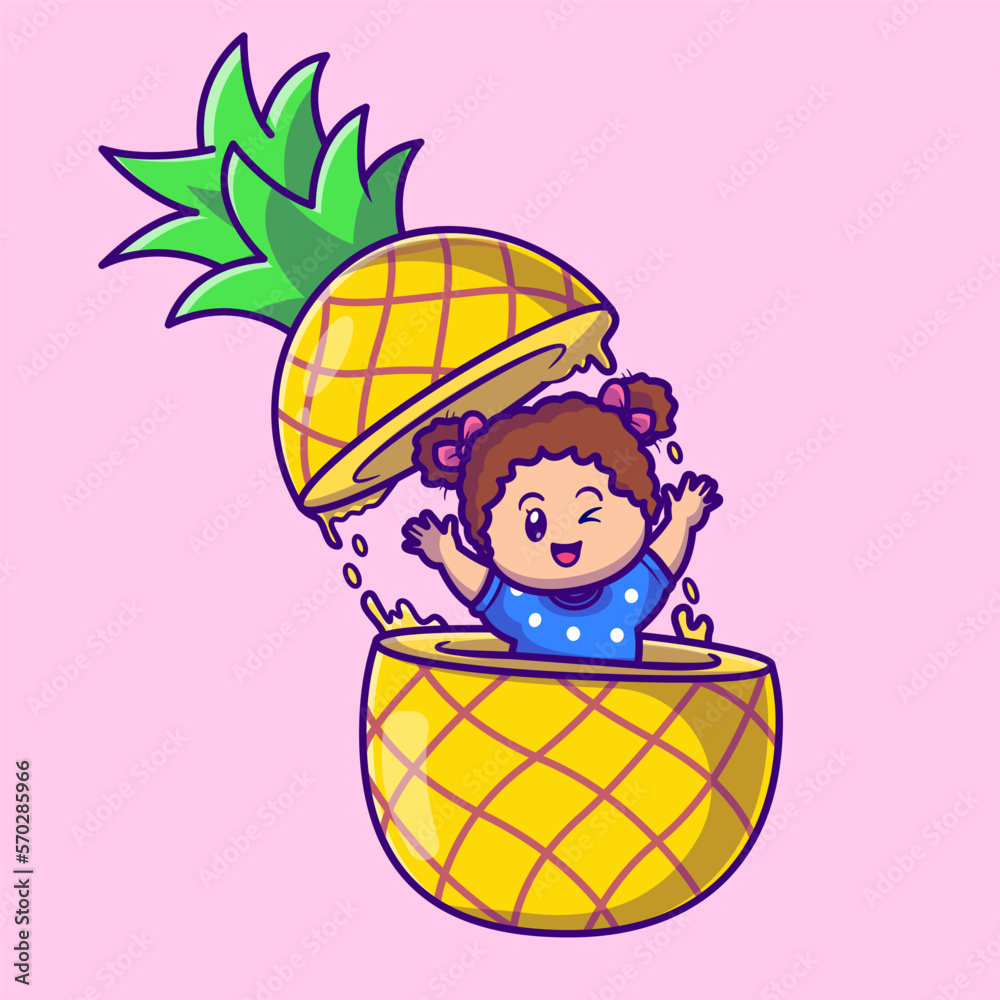 Cute Girl In Pineapple Cartoon Vector Icon Illustration. People Fruit