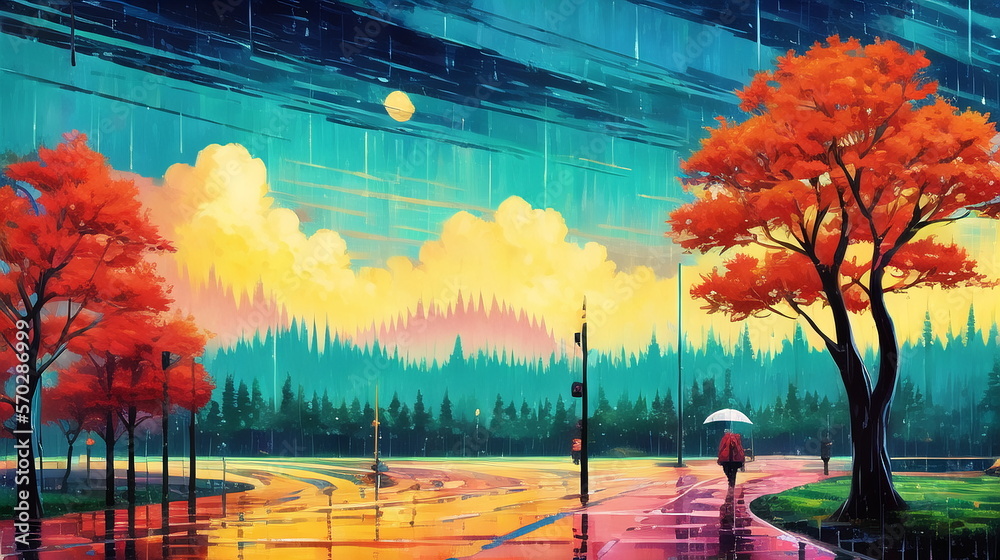 Naklejka premium Rainy day landscape illustration painting ai generated artwork for social media, wall painting