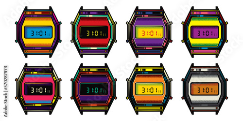 Original vector collection in vintage style. Old electronic wristwatch with alarm clock and flashlight in retro style. T-shirt design. A design element.