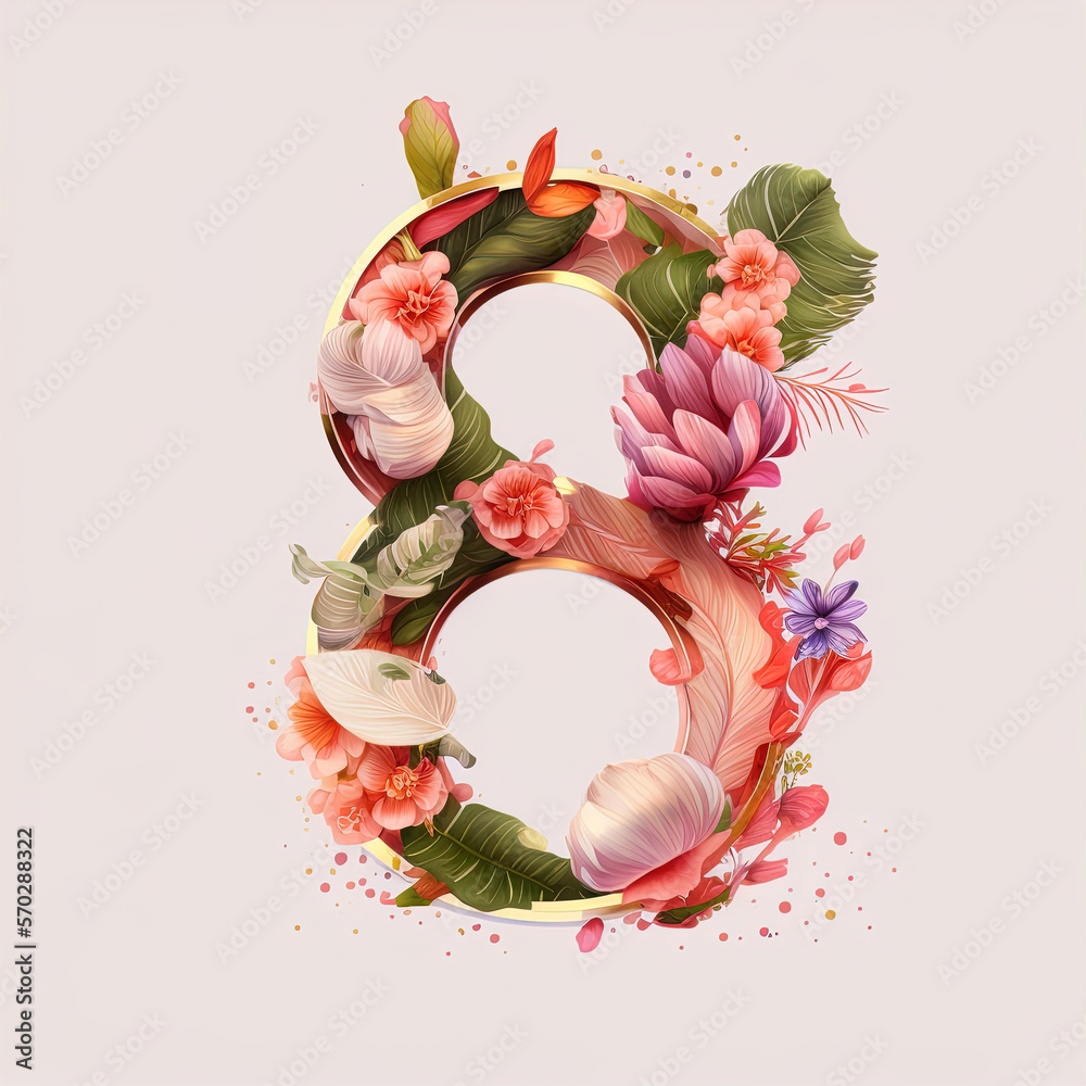 Eight of march template with glossy number eight made of realistic beautiful flowers with leaves and abstract florals - obrazy, fototapety, plakaty 