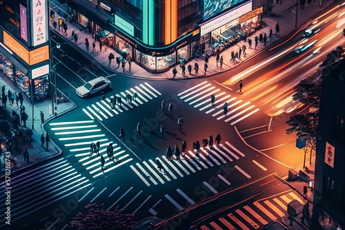 Neon night city Shibuya crossing in Tokyo. Generative AI photo