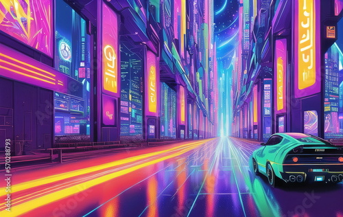 Cyberpunk Poster 80s style. Retro style, neon, futuristic, landscape, night city, ai generated