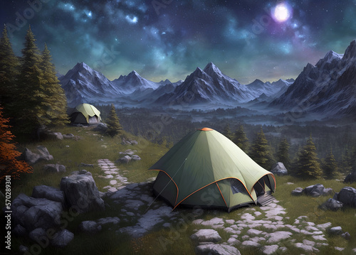 Hiking in the mountains. set up a tent. incredible mountain views behind. atmosphere. travel, hike, tent