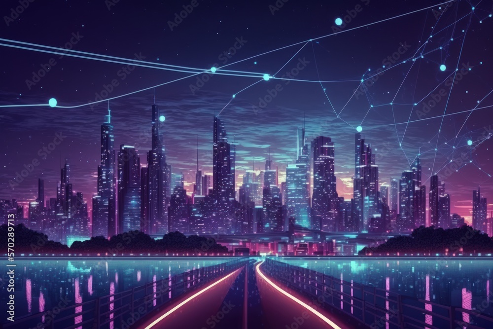 Concept of a smart city dot point connected to a gradient line via connections to the metaverse. Big data in Thailand's Bangkok metropolis background at night, panorama view. Generative AI