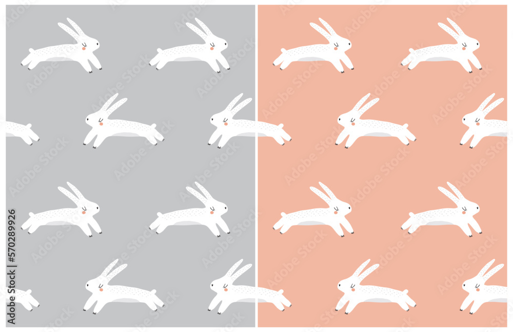 Cute Easter Vector Seamless Patterns with Funny White Bunnies isolated on a Coral Red and Light Gray Background. Easter Repeatable Print with Happy Jumping Rabbit ideal for Fabric, Wrapping Paper. Cute Easter Vector Seamless Patterns with Funny White Bunnies isolated on a Coral Red and Light Gray Background. Easter Repeatable Print with Happy Jumping Rabbit ideal for Fabric, Wrapping Paper.