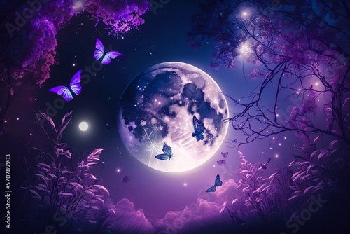 Magical fantasy romantic night background with full moon and glowing butterflies. Lunar midnight shiney particles, balloons and magical atmosphere. A purple violate fairytale concept. Generative AI