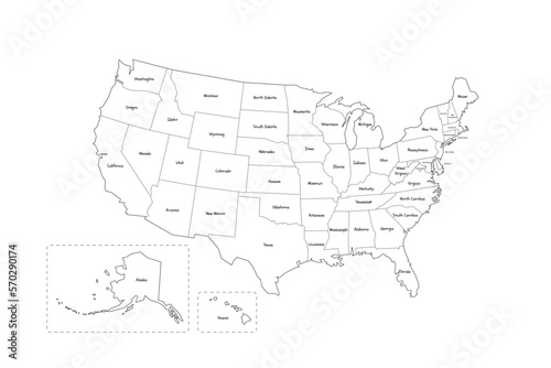 United States of America political map of administrative divisions - states and federal district Washington, D.C. Handdrawn doodle style map with black outline borders and name labels.