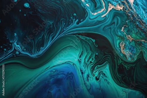 Fluid art background made of liquid. Galactic ocean with blue and green acrylic paint. Generative AI