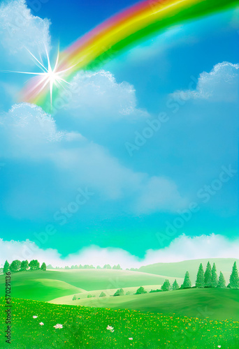 A colourful spring-summer day  a rainbow in the sky. Generative AI