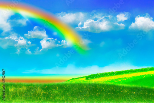 A colourful spring-summer day  a rainbow in the sky. Generative AI