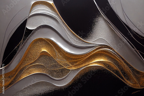 Fluid art texture. Abstract backdrop with mixing gold white and black paint effect acrylic artwork generative ai.