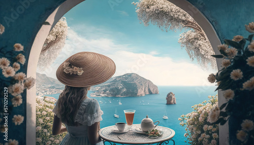 Beautiful woman in a giant hat having a spring breakfast with flowers, tea and juice. With the Amalfi Coast in the background. Lifestyle. © Gabi