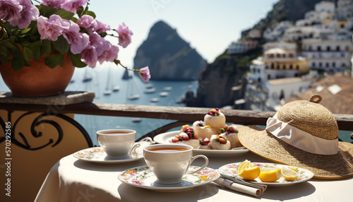 Incredible spring breakfast with flowers, tea and juice on the hotel terrace. with the Amalfi Coast in the background. Lifestyle.