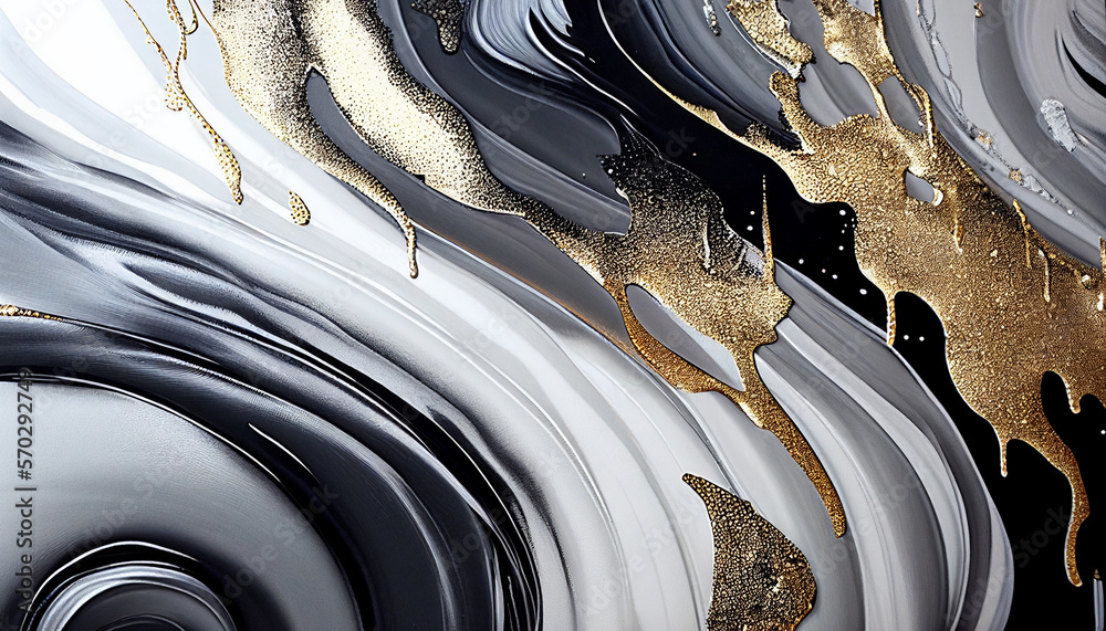 Abstract acrylic texture background fluid art black white and gold