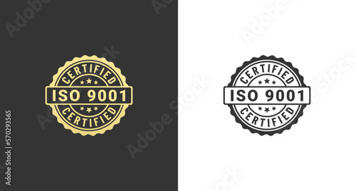 iso 9001 label or iso 9001 stamp vector on white and black background. The International Organization for Standardization. iso 9001 label or seal for ISO certified and high quality products.