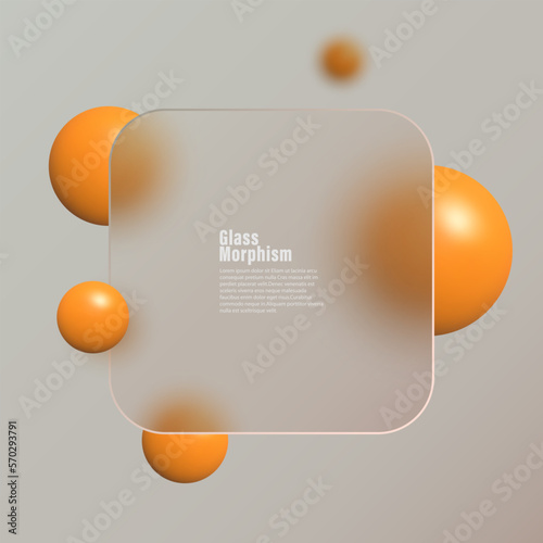 Glassmorphism landing page with square frame. Vector illustration with blurry floating spheres in orange color.