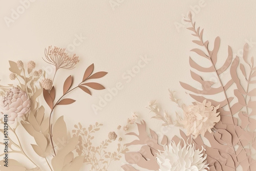 Nude palettes in illustration. Bohemian trendy chic background pattern with botanical floral motifs and gold foil touch in nude beige pastel color palette Generative AI