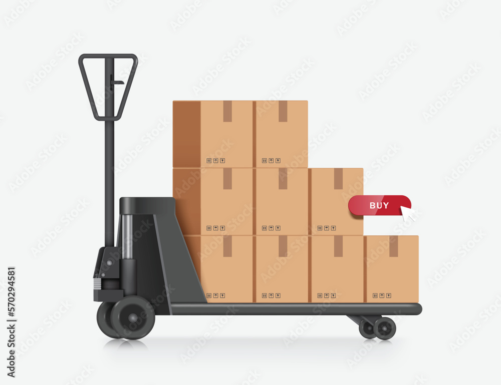 Parcel boxes or cardboard boxes are stacked on top of each other and all are placed on  hydraulic trolley used in warehouse
