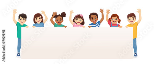 Smiling kids boys and girls holding empty blank board waving hands isolated vector illustration. Multiethnic happy children with placard.