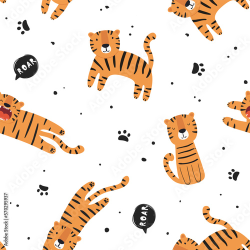 Seamless pattern with cute tiger. Vector illustration in flat style.