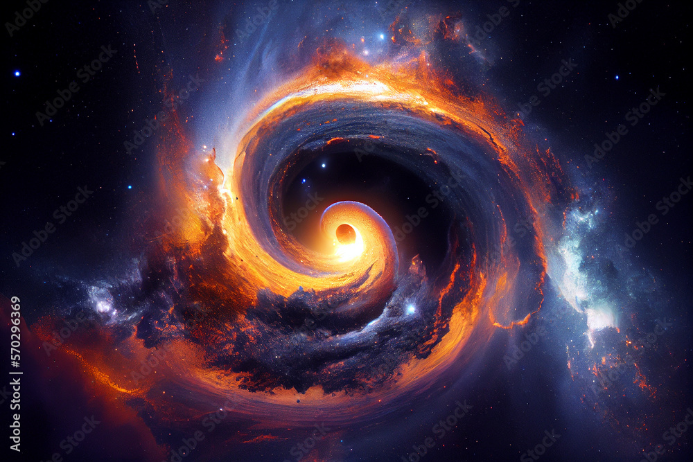 Mysterious black hole and spiral galaxy, sci fi background, generative ai illustration
