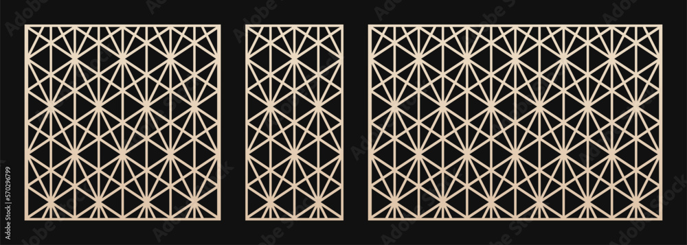 Laser cut patterns with grid, lines, triangles, diamonds. Vector template set for CNC cutting. Decorative panels. Stencil for laser cut of wood, metal, paper, plastic. Aspect ratio 1:1, 1:2, 3:2 Laser cut patterns with grid, lines, triangles, diamonds. Vector template set for CNC cutting. Decorative panels. Stencil for laser cut of wood, metal, paper, plastic. Aspect ratio 1:1, 1:2, 3:2
