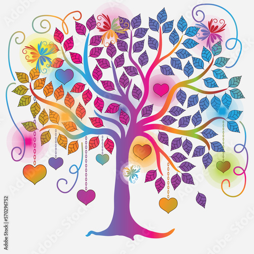 Valentine  frame with colorful spring tree with hearts and flowers isolated  on a white background.