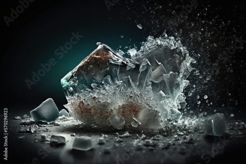 Crushed ice on a dark background. Ice that had been smashed was dispersed. Generative AI