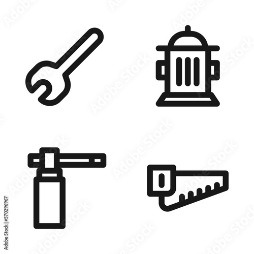 Labor Day icons set = wrench, firefighter, blowtorch, saw. Perfect for website mobile app, app icons, presentation, illustration and any other projects