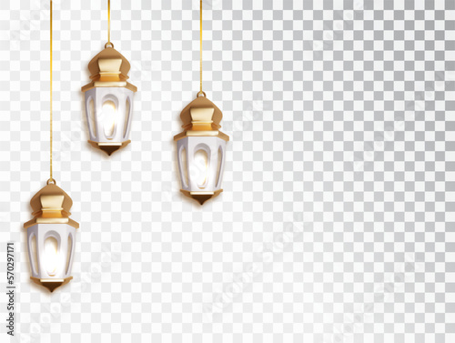 Ramadan kareem lantern hanging lamp realistic 3d object isolated . Realistic  Islamic object collection isolated. Traditional Arabic shining hanging lamp.