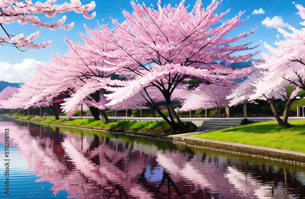 Japan Sakura festival of Cherry tree blossom explosion. AI generated landscape for digital printing