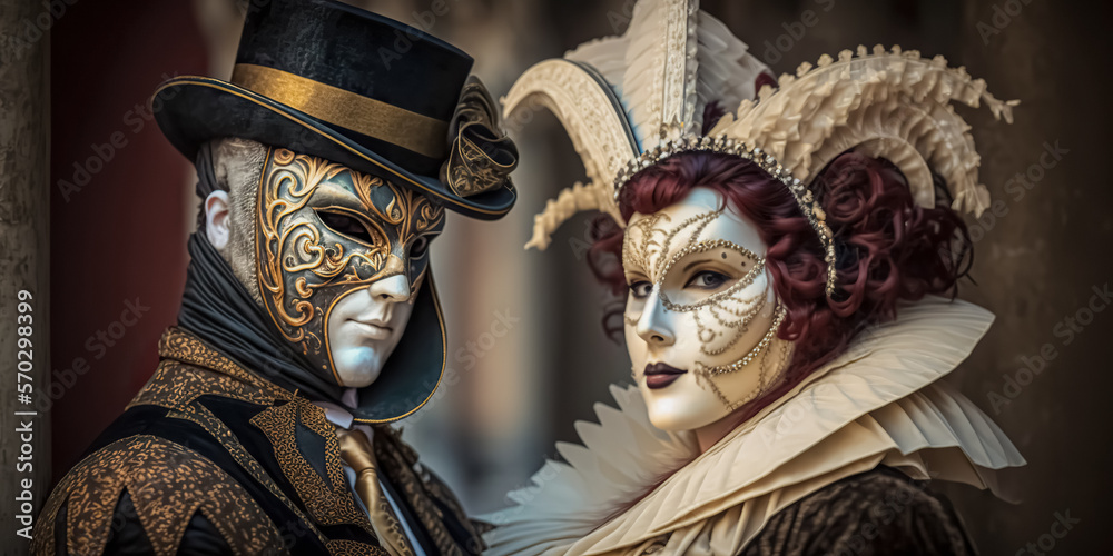 Elegant people in masquerade carnival mask at Venice Carnival. Beautiful women and men wearing venetian mask. digital ai art	