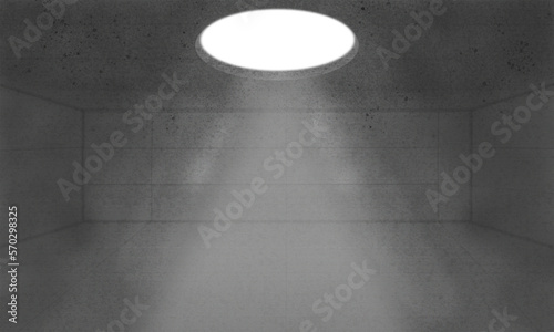 Spot light is shining from celing in an empty room with cement walls. 3D web vector illustration empty room and spot light concept. Industrial empty hole with light illustration.