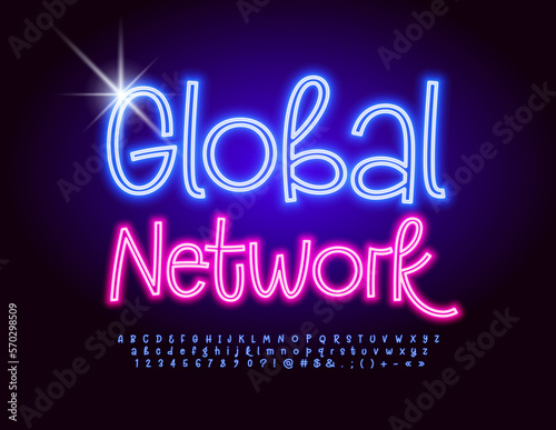 Vector electric emblem Global Network with glowing handwritten Font. Set of Blue Neon Alphabet Letters, Numbers and Symbols