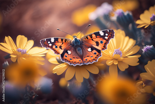 Macro photograph of a butterfly perched on beautiful flower. Butterfly close-up portrait. Generative AI illustration. © mnjrstd