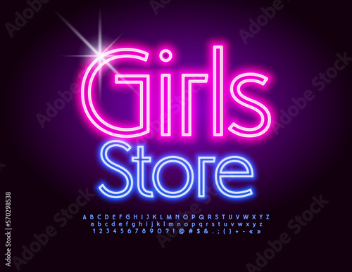 Vector colorful Poster Girls Store. Bright Neon Font. Trendy Alphabet Letters and Numbers set